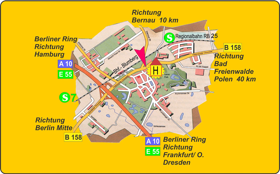 Anfahrt über A 10 – Berliner Ring (Nord) aus Richtung Hamburg, Rostock, Prenzlau